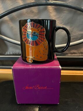 Laurel Burch Black Mug with Orange, Teal and Purple Lion